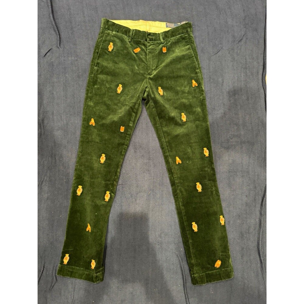 Polo Ralph Lauren Mens Green Corduroy Chino Pants Slim Embroidered Bear 30x32